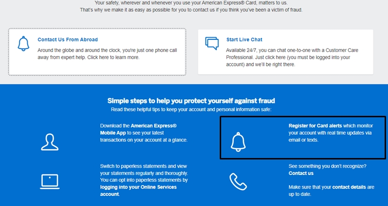 American Express security page suggesting text alerts as an account safety measure