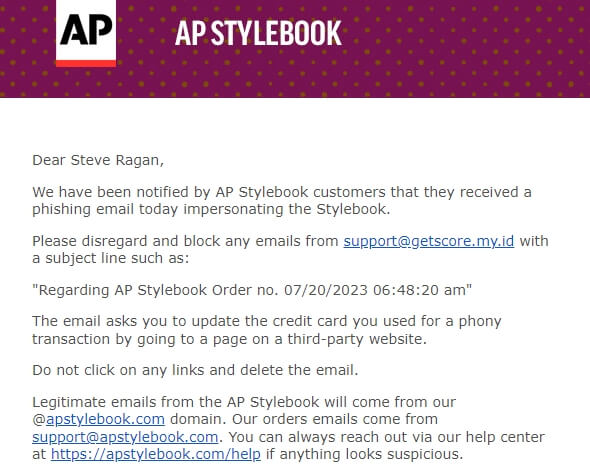 AP Stylebook phishing warning sent to me in July of 2023.
