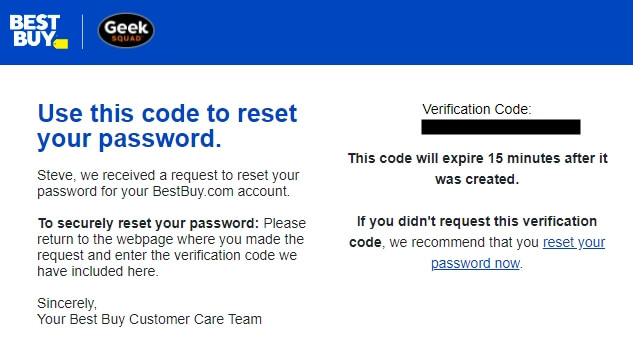 A screenshot from an email sent by BestBuy regarding a password reset request.