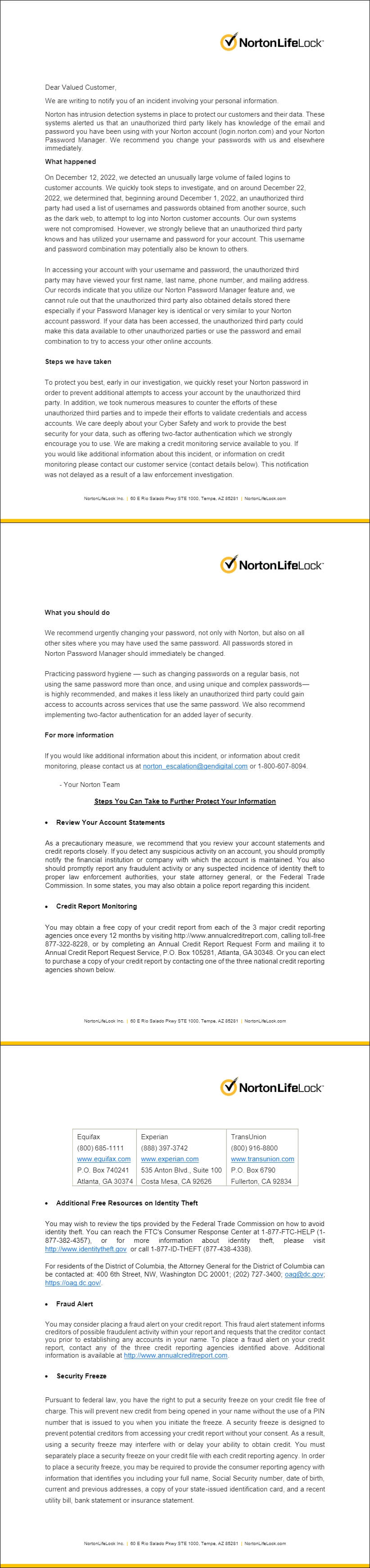 The full Norton LifeLock data breach notification letter. 