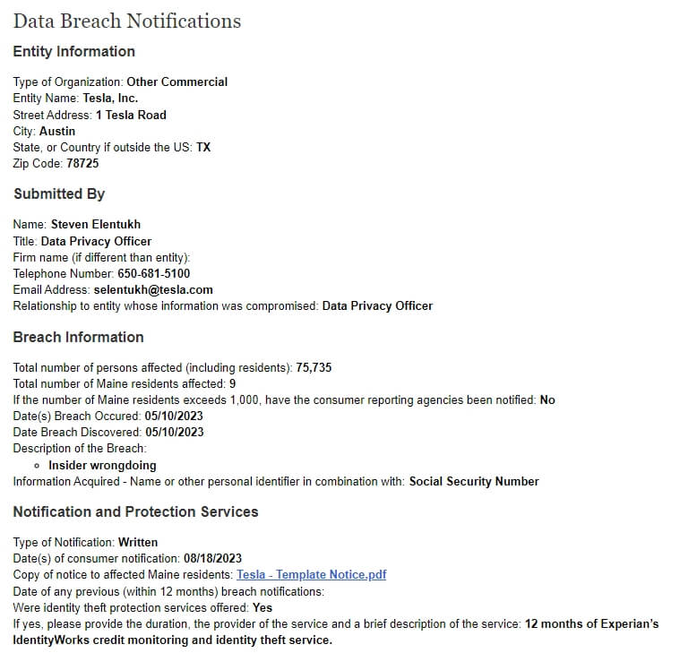Maine AG breach notification advisory for Tesla